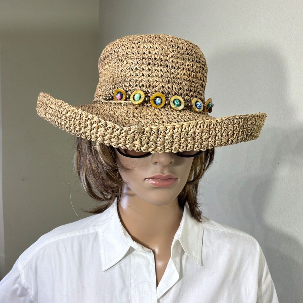 Women’s Summer Beaded Band Beach Straw Wide Brim Panama Style Sun Hat Adj. OS